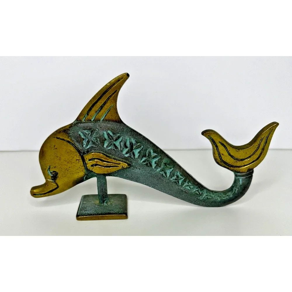 Brass Dolphin Figure Table Top Polished Patina textured Solid Marine Beach Coast